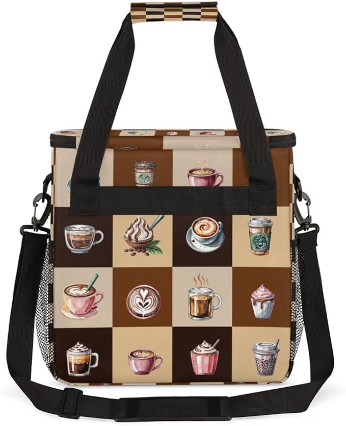 Cartoon Coffee Pattern Coffee Maker Carring Bag Travel Carrying Storage Tote Bag Compatible with Keurig K-Mini or K-Mini Plus Portable Single Serve Coffees Brewer Case with Pockets for K-cup Pods