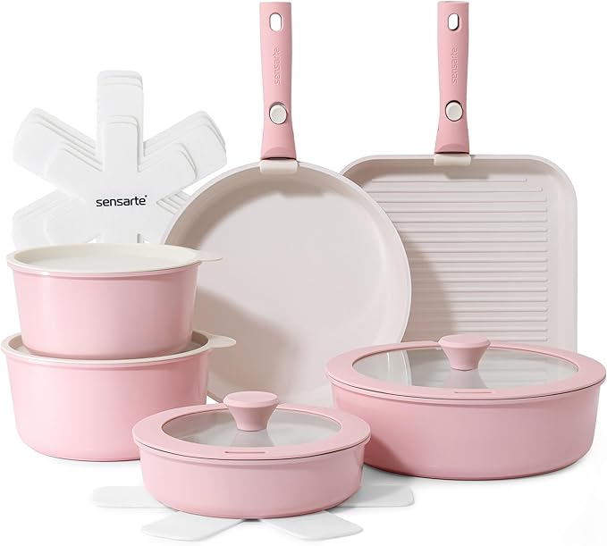 SENSARTE 17 Piece Ceramic Pots and Pans Set Nonstick Detachable Handle Cookware Induction Kitchen Cookware Set with Removable Handle Dishwasher ＆ Oven Safe (Pink)