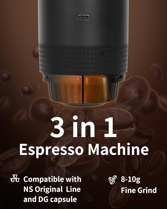 Portable Electric Espresso Machine Travel Coffee Maker Brewer Compatible with Ground Coffee &amp NS Capsules (Black with LCD Screen)