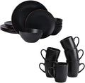 Famiware Venus Plates and Bowls Sets with Coffee Mugs Set 18 Pieces Stoneware Dinnerware Sets Black