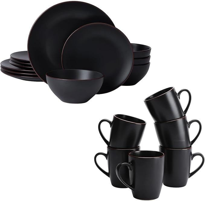 Famiware Venus Plates and Bowls Sets with Coffee Mugs Set 18 Pieces Stoneware Dinnerware Sets Black