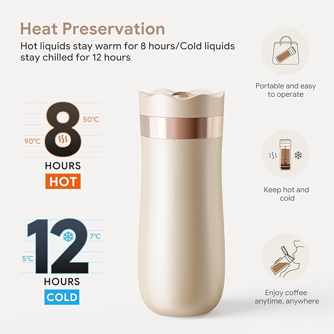 BRBHOM The Original Portable French Press Stainless Steel Coffee Maker Premium Vacuum Insulated Travel Mug Hot &amp Cold Brew French Presses (OFF-WHITE)