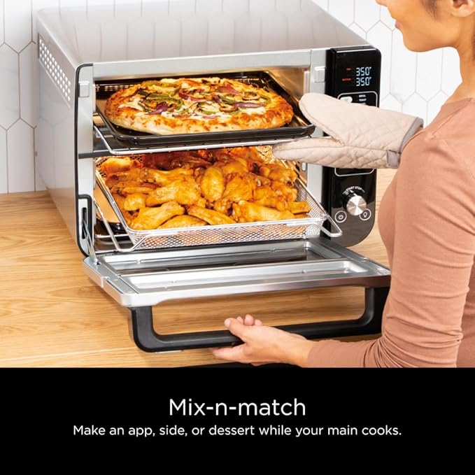 Ninja DCT401 12-in-1 Double Oven with FlexDoor FlavorSeal &amp Smart Finish Rapid Top Convection and Air Fry Bottom  Bake Roast Toast Air Fry Pizza and More Stainless Steel