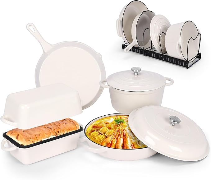 QuliMetal Enameled Cast Iron Cookware Set 5-Piece – 2.3QT Dutch Oven 4.7QT Braiser 10 Skillet 9x5 Oval Bread Pan &amp Rack – Versatile Oven-Safe Enamel Cast Iron Pots and Pans for Home Cooking