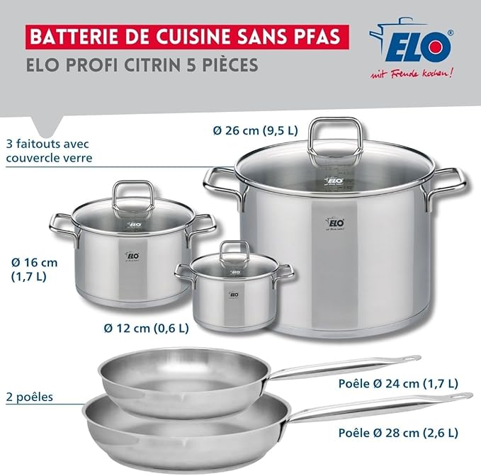 ELO 9503450 Cookware Set 5 Pieces 2 Frying Pans 24 and 28 cm 3 Saucepans 12 16 and 26 cm Elo Profi Citrine Stainless Steel Induction
