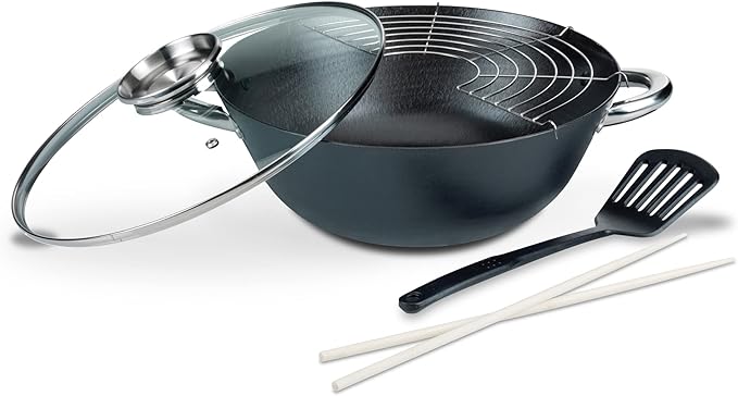 GSW - Germany 4 Piece 12.5 Inch Cast Iron Wok Set With Aroma Glass lid and Spatula
