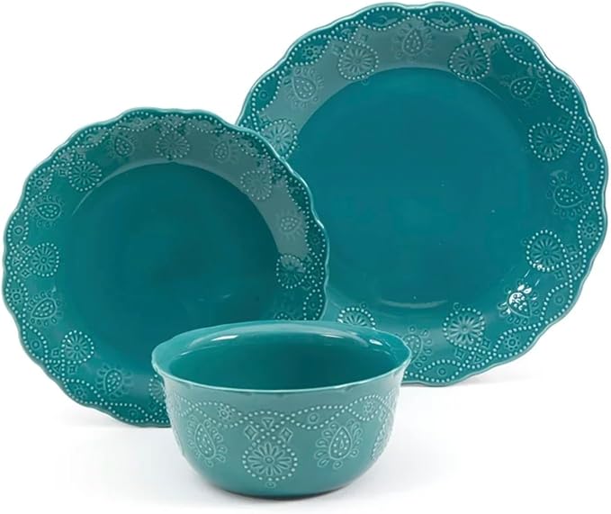 Farmhouse Cowgirl Lace 12-Piece Dinnerware Set Teal
