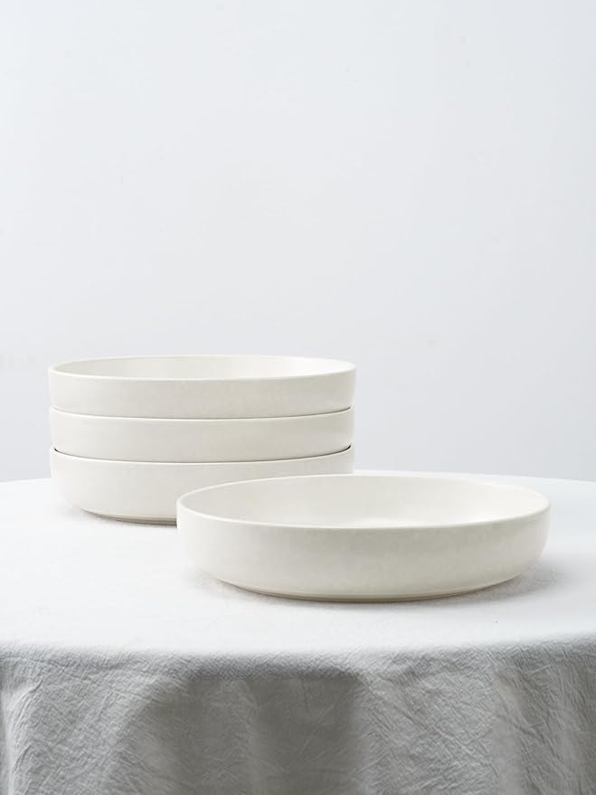 Famiware Milkyway Plates and Bowls Set 12 Pieces Dinnerware Sets and 4 Pieces Pasta Bowls Double Reactive Glaze Sturdy &amp Stackable Stoneware Dishes Set for 4 Matte White
