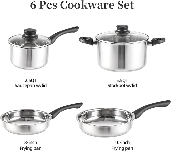 6-Piece Stainless Steel Cookware Set with Glass Lids Stay-Cool Handles | Fry Pan Saucepan Sauce Pots | Compatible with Induction Electric Gas Stovetops | PFOA-Free Dishwasher Safe