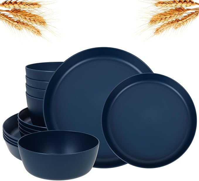 EI 12pcs Dark Blue Wheat Straw Dinnerware SetWheat Straw PlatesPlastic Plates ReusablePlate and Bowls SetsUnbreakable Plastic Plate for Dinner CampingPicnic