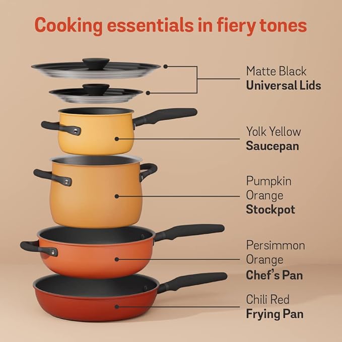 Meyer 6pc Stackable Set with Universal Lids | Hard Anodized Non Stick and Stainless Steel Pots and Pans | Induction Compatible | Dishwasher Safe | Oven Safe | Red Orange Yellow | Accent Cookware