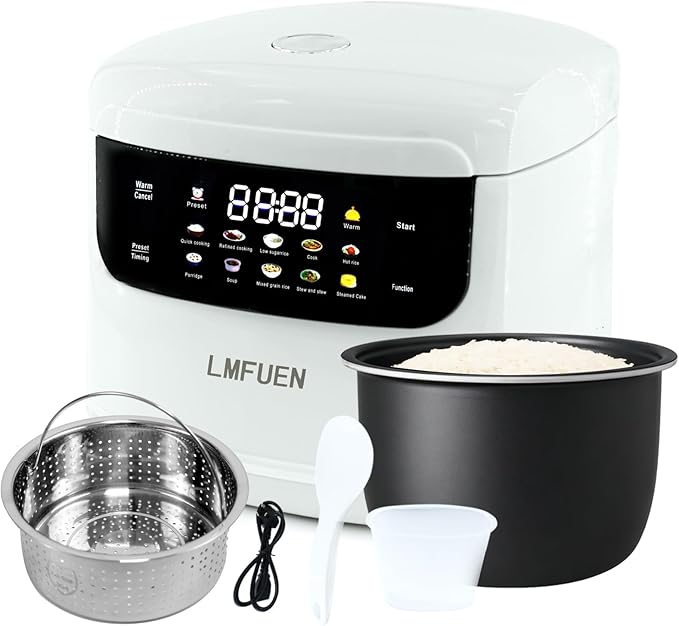 Portable Mini Stainless Steel Low Carb Rice Cooker2L6 Cups Cooked/3 Cups Uncooked400W Non-Stick Rice Maker 24 hours Timer Delay10 Functions Fast CookerAuto Keep WarmWhite