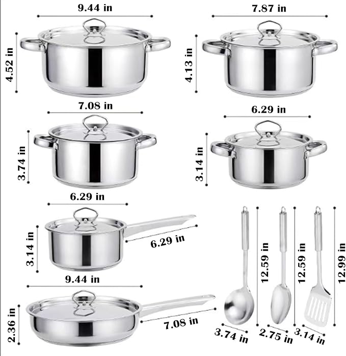 Stainless Steel Cookware Set Sunken Design for Enhanced Sealing Performance - Includes Stainless Steel Lids Turner Spatula Ladle &amp Cooking Spoon