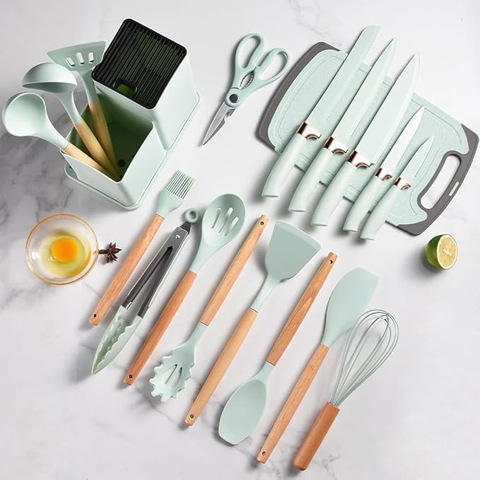 19 Piece Silicone Kitchen Utensil Set with Storage Bucket Non-Stick Cookware Tools Camping Chef Kit Food Grade Heat Resistant Silicone and Rust-Proof Coating
