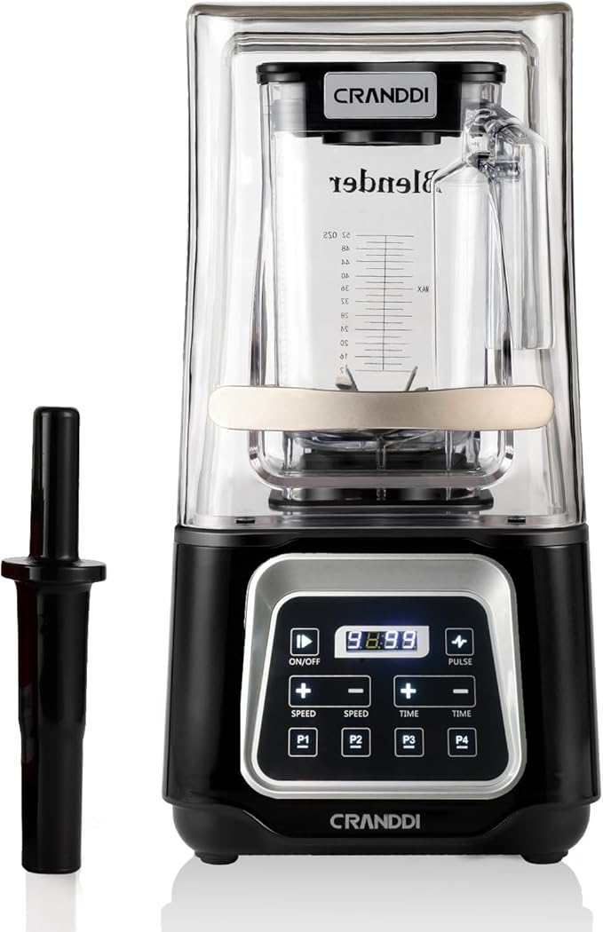 Commercial Blender 2200W CRANDDI Professional Quiet Smoothie Blender with Smart Touch Screen &amp Removable Cover 52oz for Frozen Drinks Juice &amp More 4 Preset Programs K80TS Black