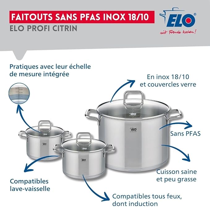 ELO 9503750 Cookware Set 5 Pieces 2 Frying Pans 24 and 28 cm and 3 Saucepans 14 16 and 26 cm Elo Profi Citrine Stainless Steel Induction