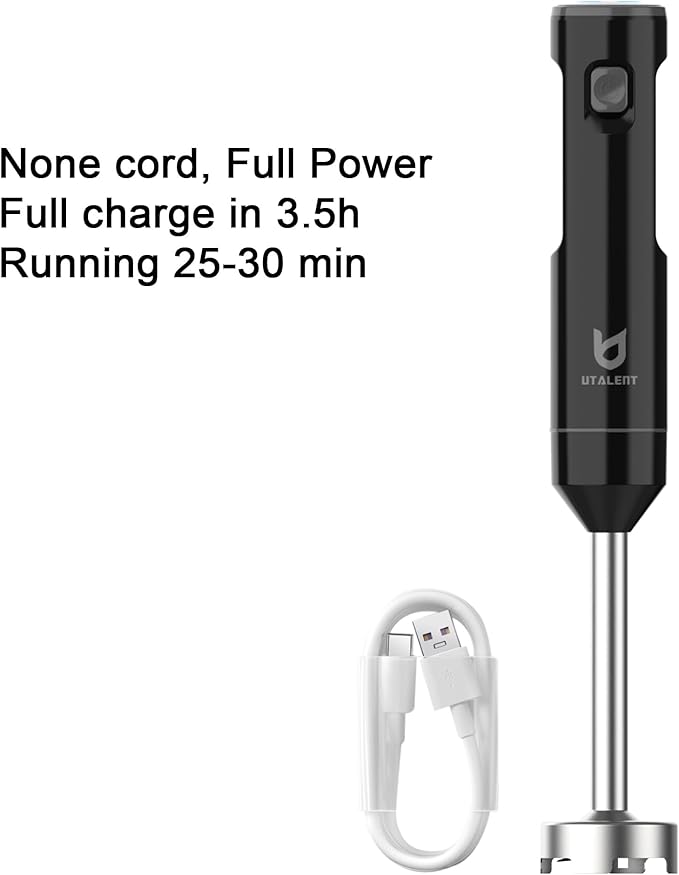 Cordless Hand Blender UTALENT Variable Speed Immersion Blender Rechargeable with 500ml Chopper 600ml container Egg Whisk for Smoothies Baby Food and Soups – Black