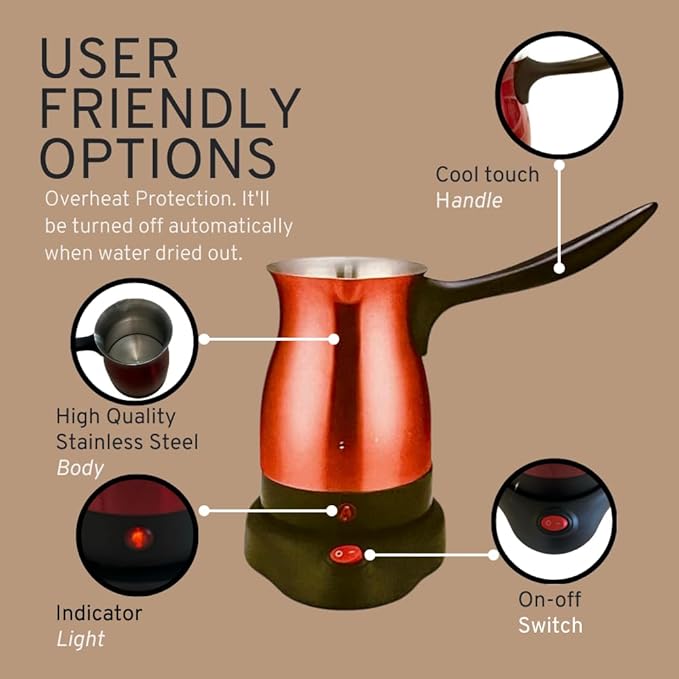 Electric Turkish Coffee Maker Kettle Pot Stainless Steel Cool Touch Handle Travel Size Fast Boil &amp Keeps Water Boiling for Arabic &amp Greek Coffee Tea 0.3L (RED)
