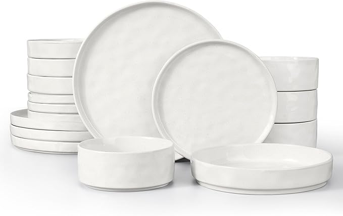 LIANYU Dinnerware Sets with Pasta Bowls for 4 16 Piece Ceramic Dinner Plates and Bowls Dish Set Kitchen Speckled Dining Tableware Dishware Microwave &amp Dishwasher Safe Polar White