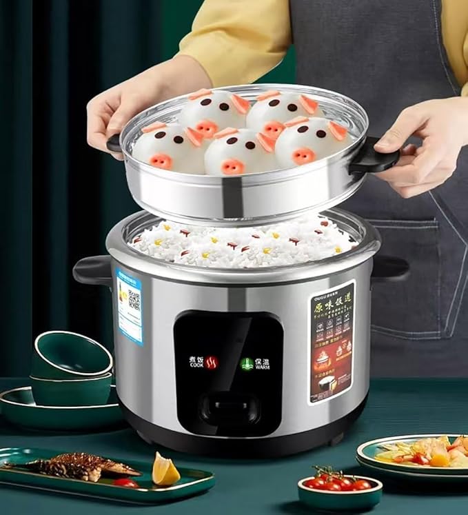The rice cooker adopts a stainless steel inner pot and steamer and is a multifunctional steaming and stewing machine. It is an essential small appliance for dormitory/office/home kitchens (3L)