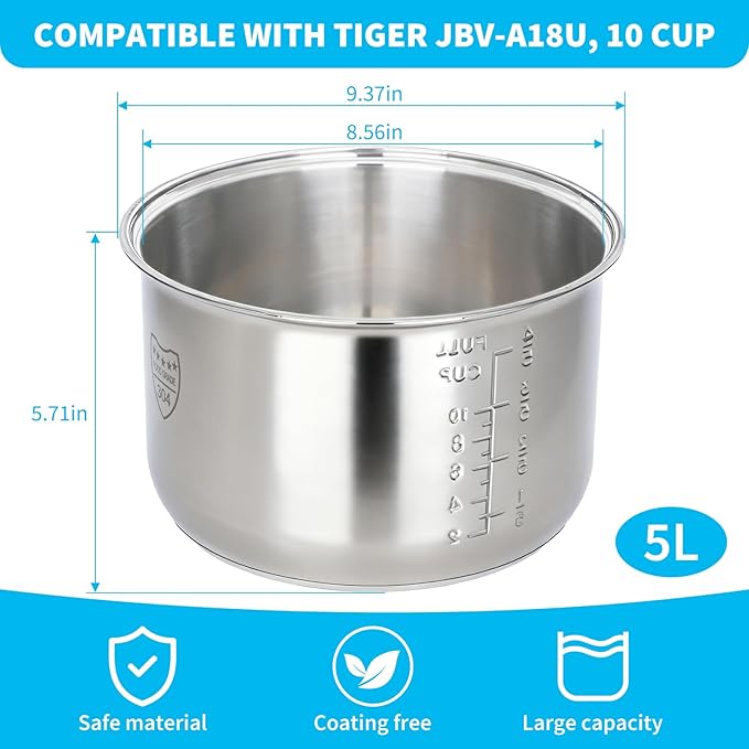 Rice Cooker 10 Cup Inner Pot Compatible with Tiger JBV-A18UNon-Stick 304 Stainless SteelRice Cooker Rplacement PotDishwasher Safe