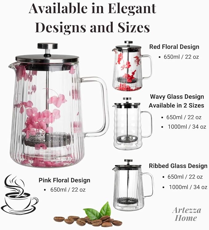 Glass French Press Coffee Maker 22oz (Pink Floral) – Double-Wall Borosilicate Ribbed Coffee Press with Stainless Steel Filter Manual Coffee Brewer &amp Tea Press