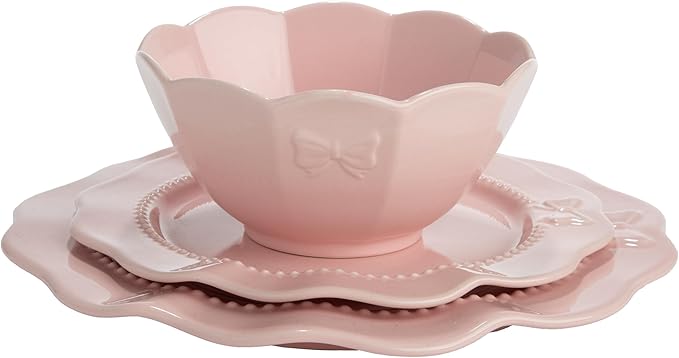 Paris Hilton 12-Piece Dinnerware Set Embossed Bow Design Iconic Ceramic Stoneware Service for 4 with Dinner Plates Salad Plates and Bowls Microwave &amp Dishwasher Safe Pink