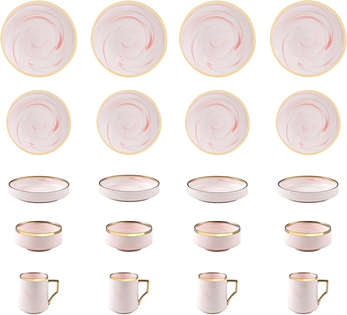 20 Piece Plates and Bowls Sets Fine China Artisan Marbled Dinner Set for 4 Dishwahser Safe Scratch Resistant Pink with Gold Line