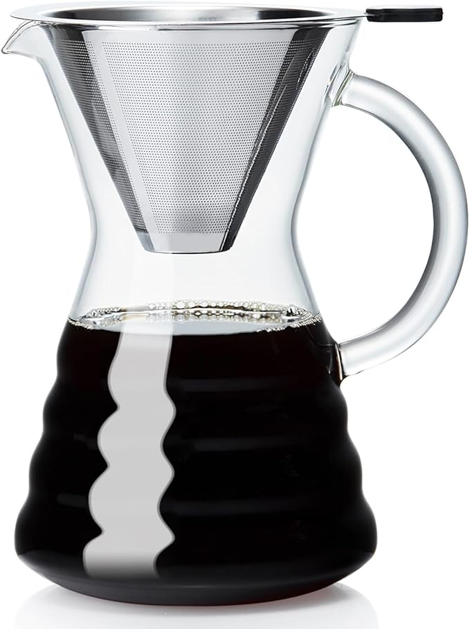 Unbreakable - Pour Over Coffee Maker with Permanent Stainless Filter 40 fl oz Thickened Heat-Resistant Borosilicate Glass Dripper Coffee Brewer Stovetop Safe