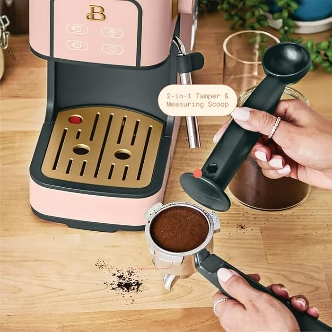B Slim Espresso Maker by Drew Barrymoree with 20-Bar Pressure Touch-Activated Display and Steam Wand for Latte &amp Cappuccino (Rose)