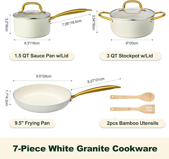 Pots and Pans Set Non Stick 7 Piece White Granite Induction Cookware Set Nonstick Kitchen Cooking Set with Gold Handle and Utensil Oven Safe (PFOS PFOA Free)