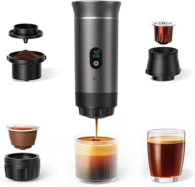 3-in-1 Portable Espresso Machine for Travel &amp Camping- 20 Bar Self-Heating Portable Coffee Maker with USB-C LED Display Car Coffee Maker Compatible with Grounds&ampCapsules(Ns&ampDG) for RV Hi