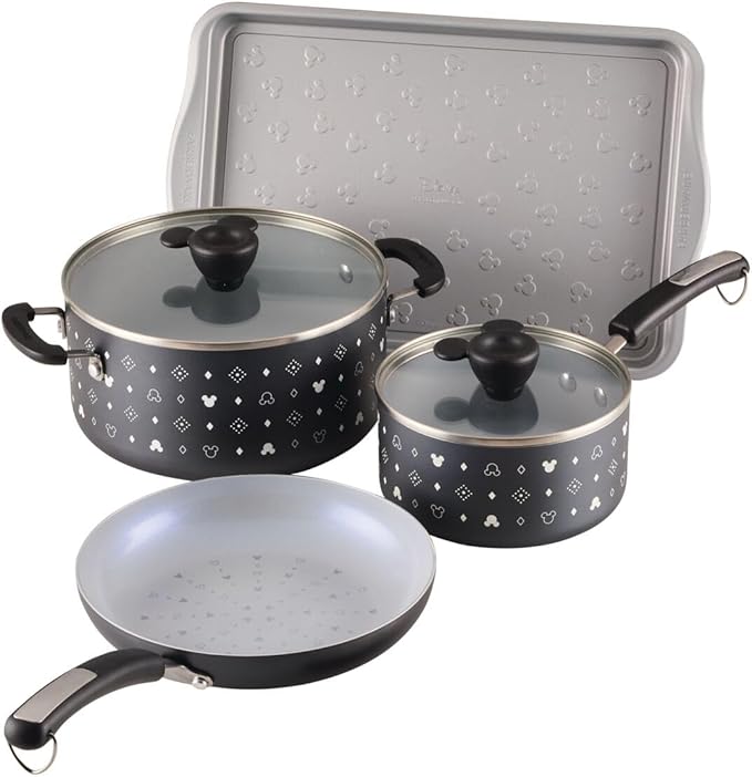 Farberware Disney Monochrome Ceramic Nonstick Cookware Pots and Pans with Baking/Bakeware Cookie Pan and Kitchen Cooking Tool Set Dishwasher Safe 8 Piece Cookware Set - Black