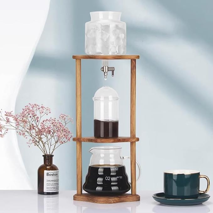 Cold Brew Drip Tower Iced Coffee Maker 600ml Glass Coffee Pot Adjustable Speed Dripper with Wood Stand Coffee Lover Gift Makes 6-8 Cups Coffee
