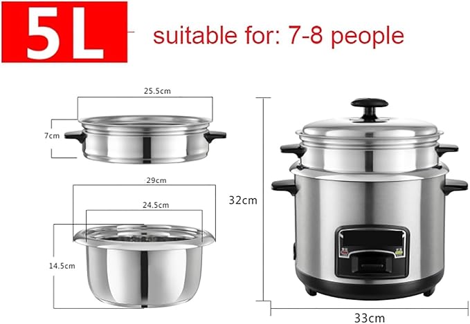 THEGA Rice Cookers (2-6L) Portable Rice Cooker Stainless Steel Inner Pot with Steamer Warm Functions 201 Stainless Steel Liner with Spatula and Measuring Cup for 1-11 People(5L)