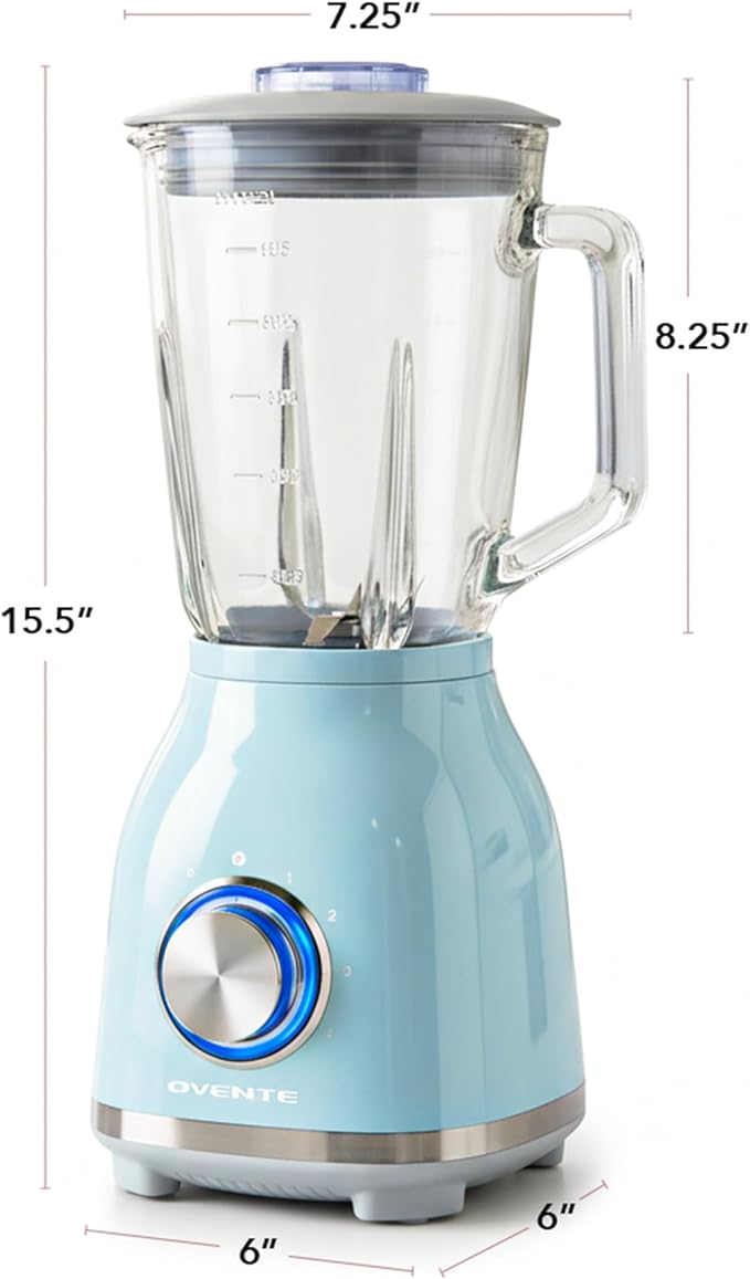 OVENTE Countertop Blender for Shakes and Smoothies with 550W Motor 50 Oz Glass Jar and Adjustable 4 Speed Settings Ideal for Frozen Fruit Drinks Puree Ice Crush Sauces and More Blue BLH2604LBL