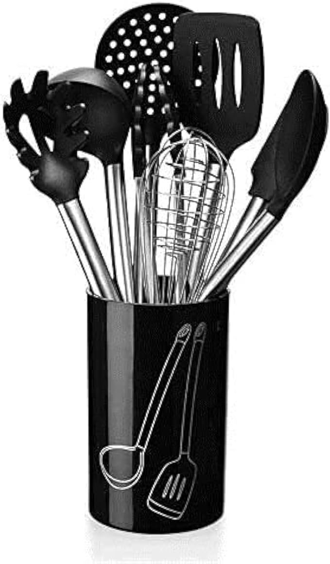 Kitchen Cooking Utensils Set 9-Piece Silicone Handle Cookware Set with Non-Stick Spatula Ladle Tongs Pasta Server Whisk &amp More Food-Grade Stainless Steel