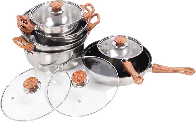 Stainless Steel Woodgrain Pots Pans Set Multifunctional Cookware Glass Phenolic Plastic Kitchen Soups