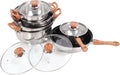Premium Stainless Steel Wood Grain Pots Pans Set Kitchen Cookware Set for Soup Frying Boiling Noodles with Ergonomic Handle Glass Phenolic Plastic