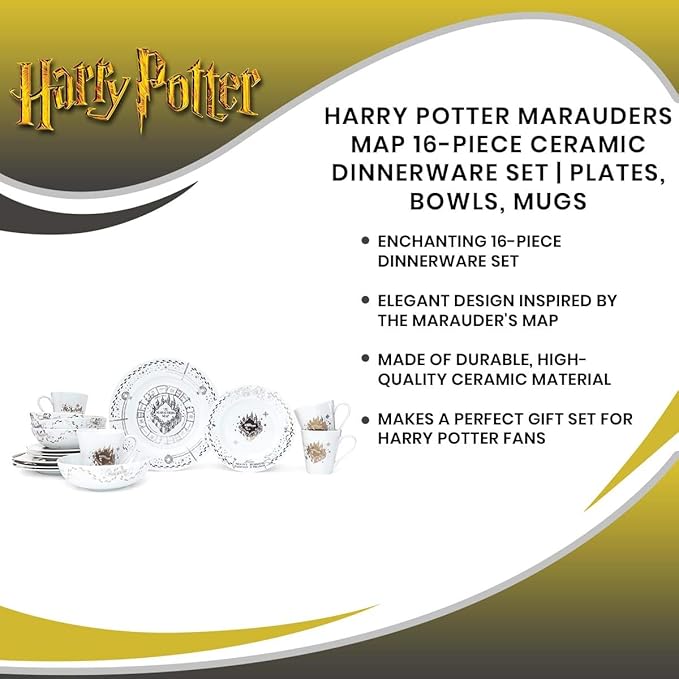 Harry Potter Marauders Map 16-Piece Ceramic Dinnerware Set | Hogwarts-Themed Dish Set | Includes Dinner Plates Salad Plates Bowls Mugs | Place Setting For 4 White