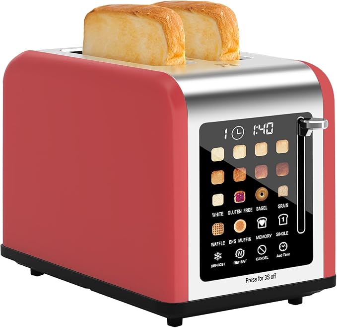 2 Slice Toaster Touch Screen Stainless Steel Toasters Digital Timer 2 Slot Toasters 8 Shade Settings 6 Bread Types for Bagel Cancel Defrost (Red)