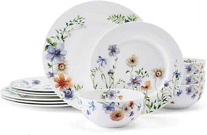 Mikasa Audrina Water Color Flowers Bone China Lightweight Chip Resistant 12 Piece Dinnerware Set Service for 4 White