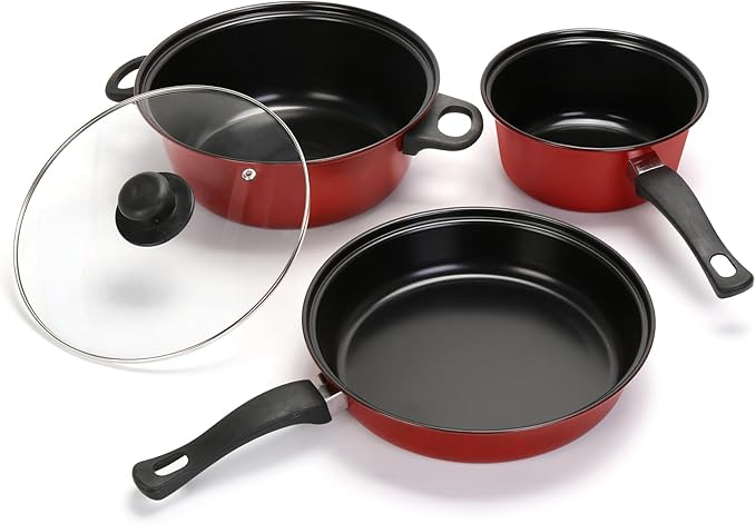 Non-Stick Cookware Set 4 Piece Set Portable Lightweight Cast Iron Pots and Pans with Glass Lids and Nylon Utensils for Outdoor Travel Camping Picnic