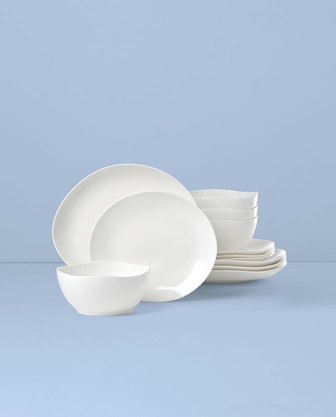 Lenox Dinnerware Set Studio 1414 Curve 12-Piece Set Service For 4 Bone China Material Dishwasher &amp Microwave Safe Home And Kitchen Kitchen And Dining Plates And Bowls Sets (White 12 Pieces