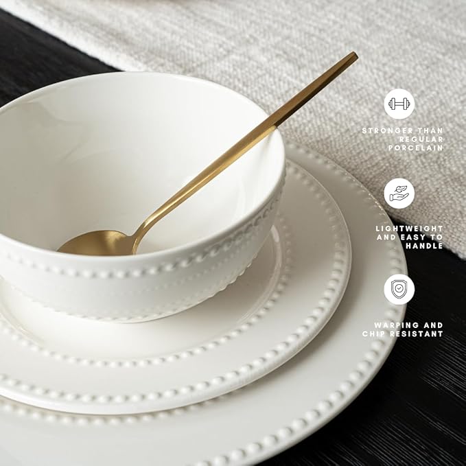 New Bone China 12 Piece Dinnerware Set Santorini Collection (Beaded) White Daily Use China Embossed Tableware Service for 4
