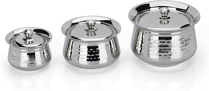 Stainless Steel Hammered Handdi Set with Lid Silver 3 Piece Set 460ml 950ml &amp 1700ml Handcrafted Kitchen Cookware