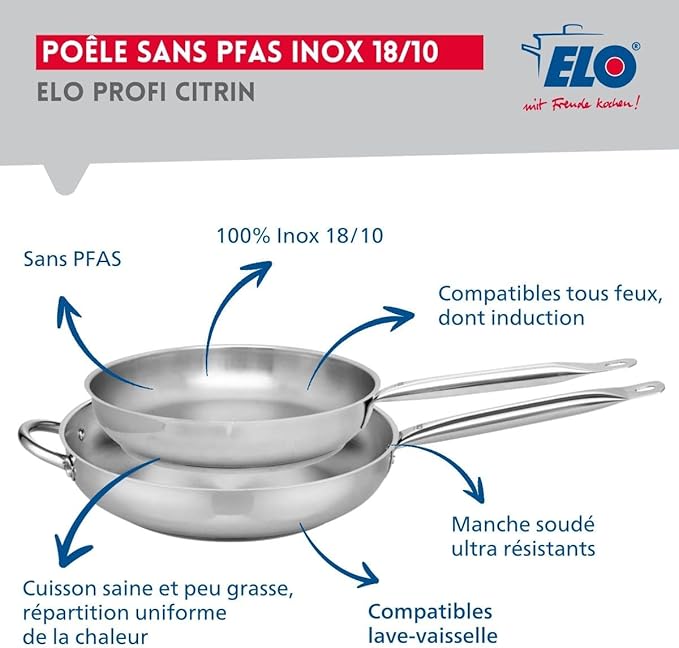 ELO 9508950 Cookware Set 4 Pieces 2 Frying Pans 28 and 32 cm and 2 Saucepans 16 and 20 cm Elo Profi Citrine Stainless Steel Induction
