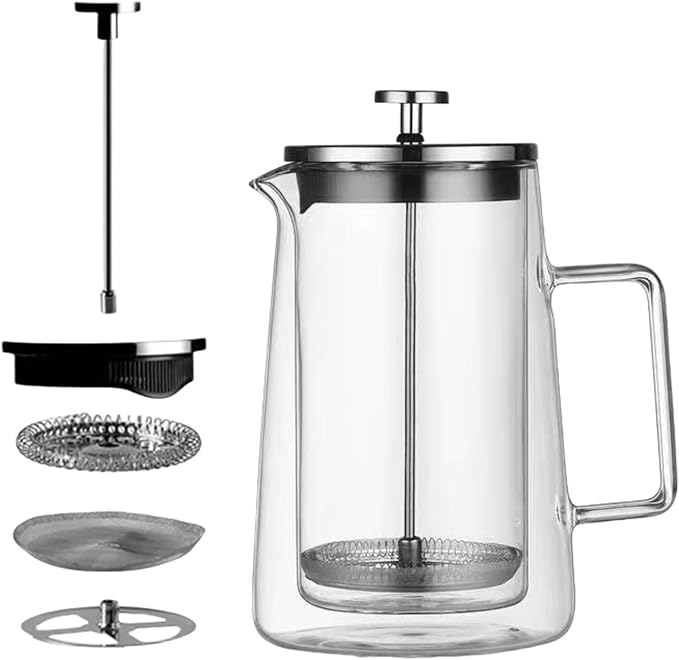 French Press Coffee Maker 34Oz (1 Liter) DoubleWall Insulated Borosilicate Glass Heat-Resistant Design Stainless Steel Filter for Coffee Tea &amp Cold Brew