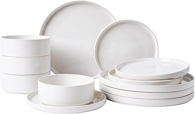 Famiware Nebula Plates and Bowls Set 12 Pieces Dinnerware Sets Dishes Set for 4 White with Colorful Speckles
