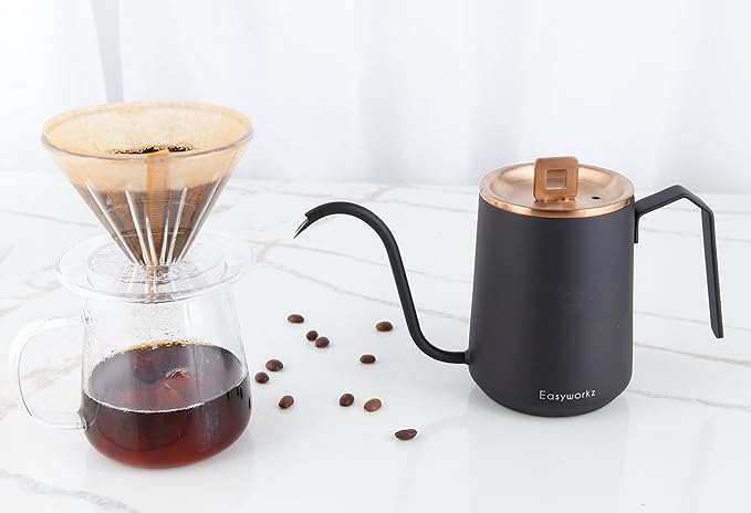 Easyworkz Gooseneck Pour Over Coffee Kettle 20 oz Stainless Steel Hand Drip Coffee Pot With Long Narrow Spout Rose Gold Black